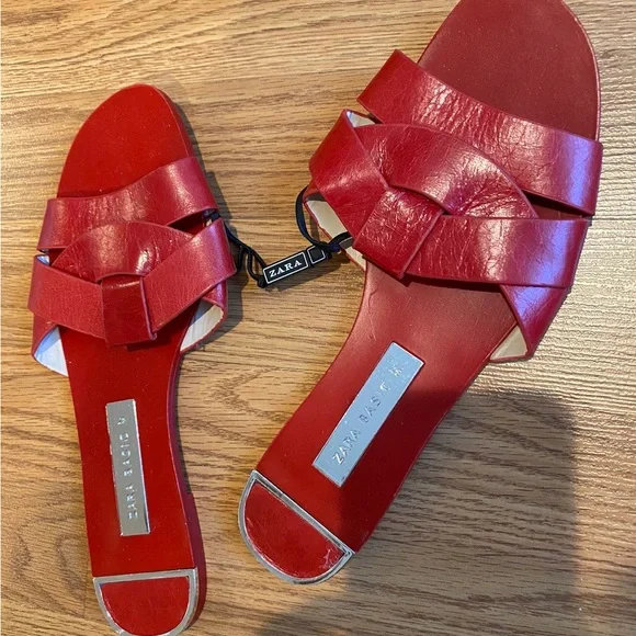 Zara Genuine Leather Red Crossover Slide Sandal Slipper Flat Shoes 37 / 6.5 NWT - Picture 11 of 13